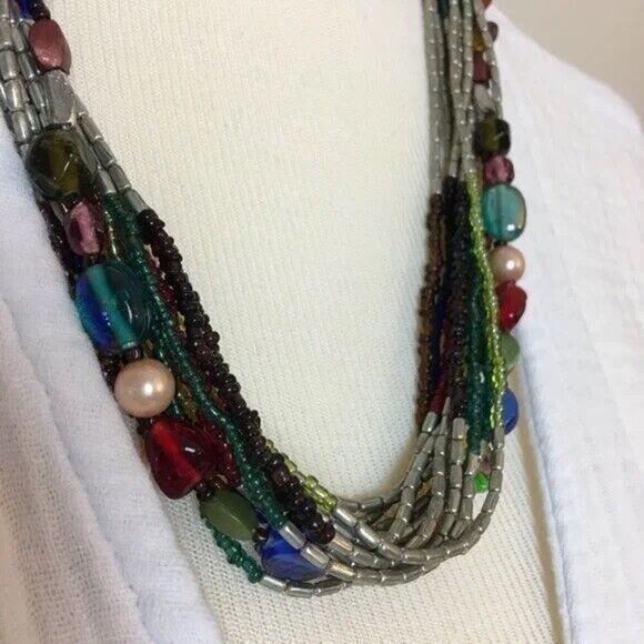 Layered Beaded Necklace Silver Tone Multicolor Multi Strand Statement 23in - Picture 6 of 7